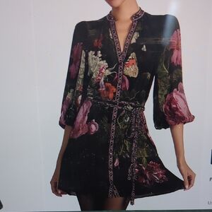 NWT Alice + Olivia Anotinette Dress Black Floral Mini Dress with Waist Tie